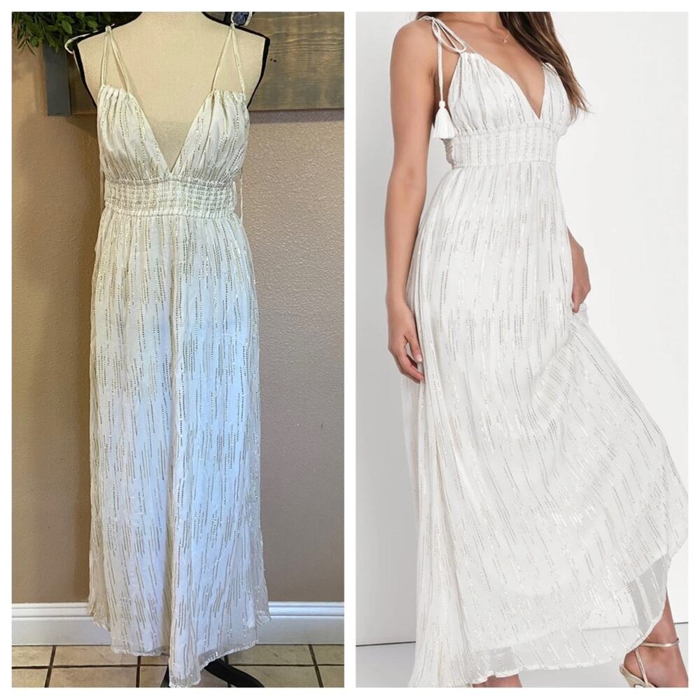 NWOT Lulus Sunshine Dreaming White Lurex Striped Tie-Strap Maxi Dress
